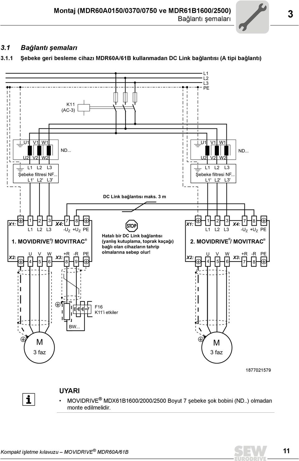 3 m 1 2 3 7 8 1 2 3 7 8 X1: X4: X1: X4: L1 L2 L3 -U Z +U Z PE L1 L2 L3 -U Z +U Z PE Hatalı bir DC Link bağlantısı 1. MOVIDRIVE / MOVITRAC (yanlış kutuplama, toprak kaçağı) 2.