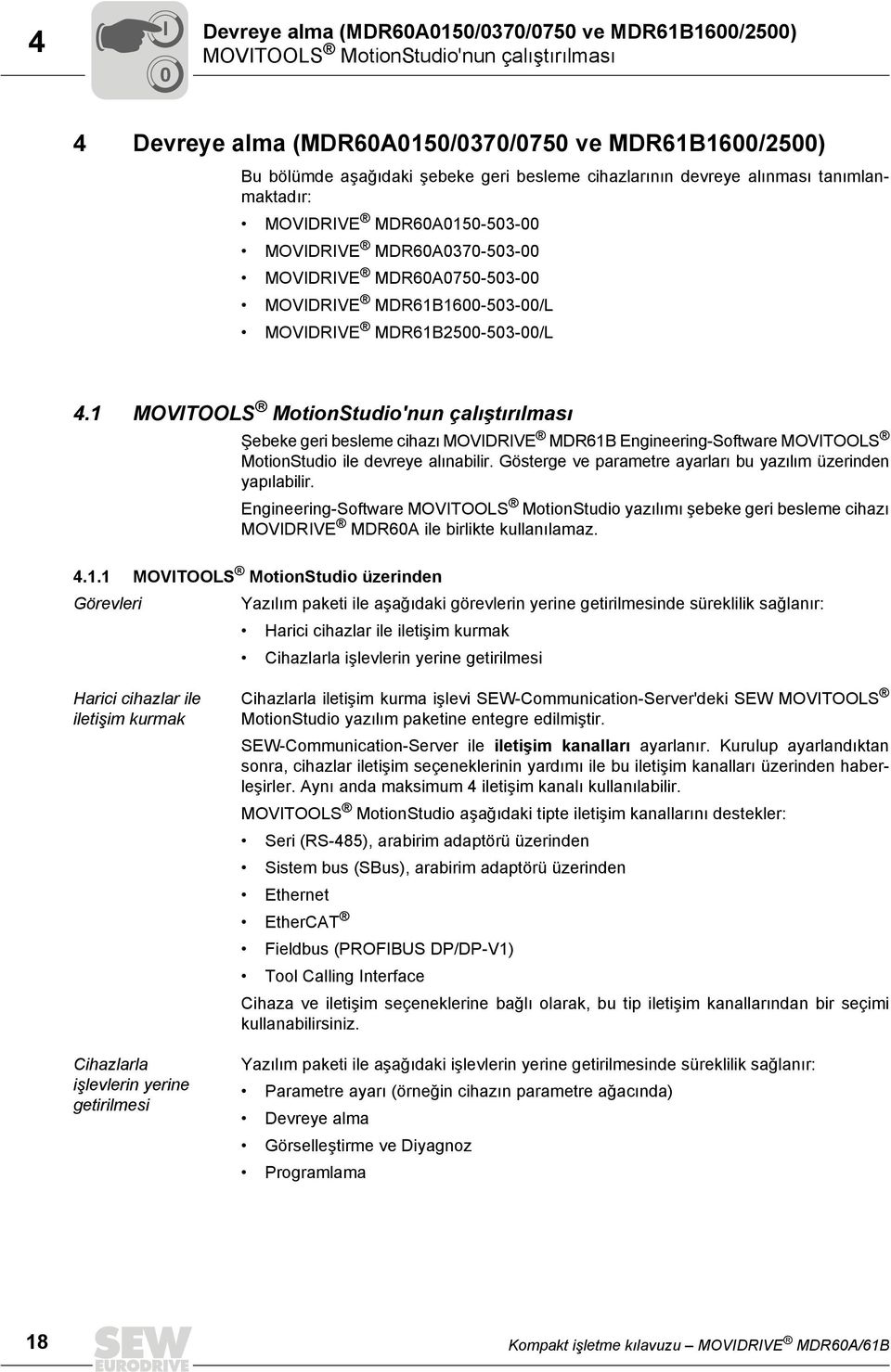 4.1 MOVITOOLS MotionStudio'nun çalıştırılması Şebeke geri besleme cihazı MOVIDRIVE MDR61B Engineering-Software MOVITOOLS MotionStudio ile devreye alınabilir.