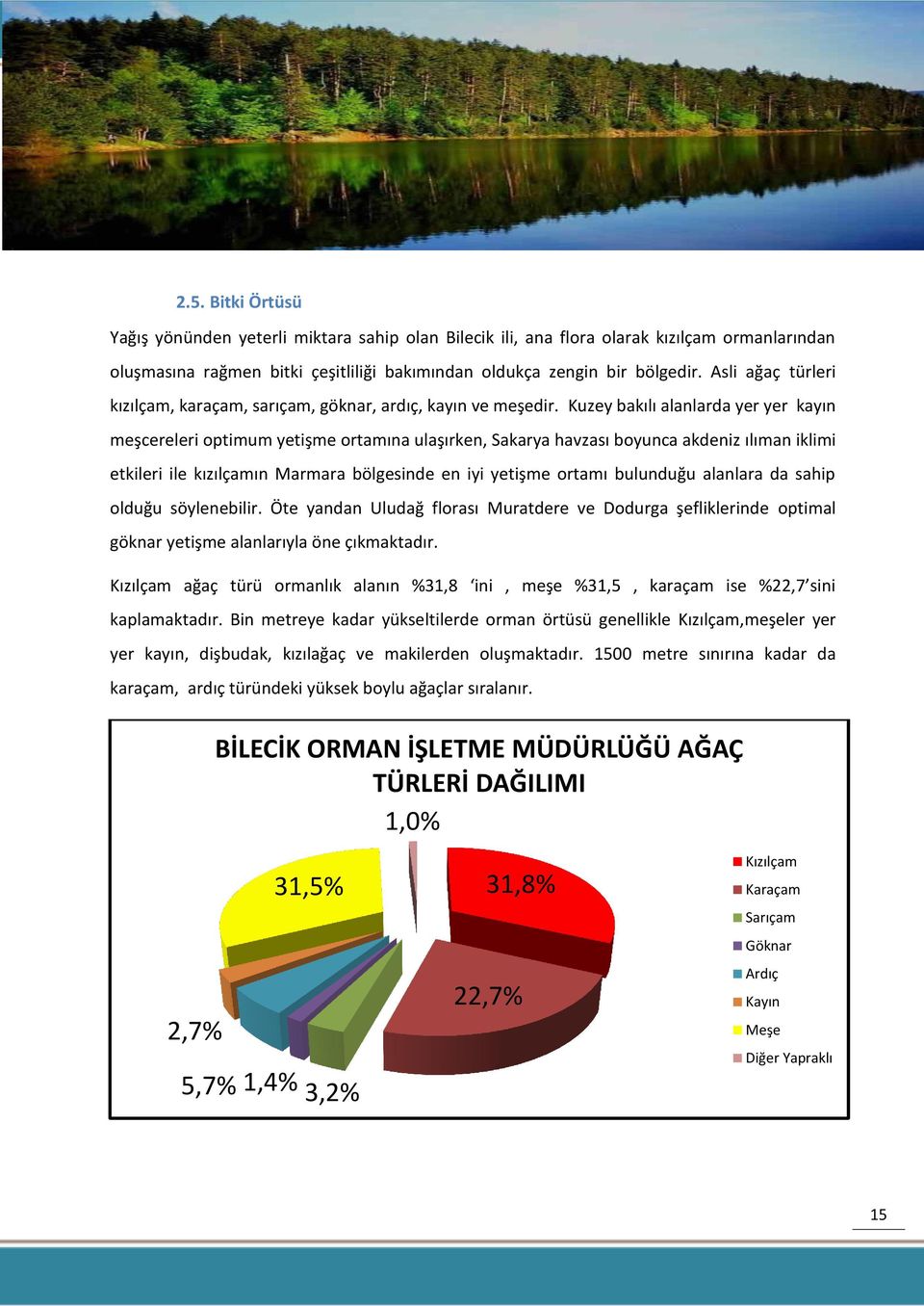 Kuzey bakılı alanlarda yer yer kayın meşcereleri optimum yetişme ortamına ulaşırken, Sakarya havzası boyunca akdeniz ılıman iklimi etkileri ile kızılçamın Marmara bölgesinde en iyi yetişme ortamı