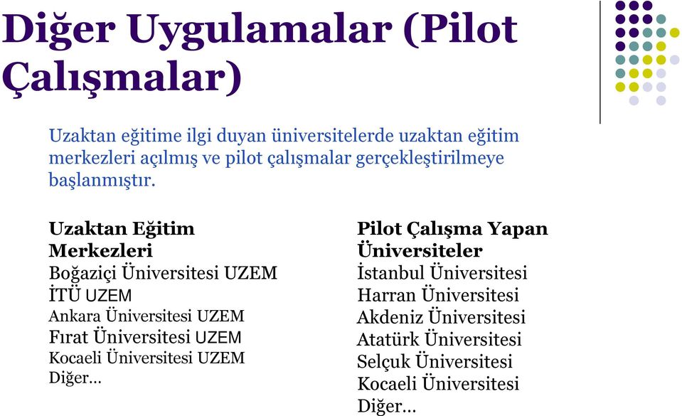 Uzaktan Eğitim Merkezleri Boğaziçi Üniversitesi UZEM İTÜ UZEM Ankara Üniversitesi UZEM Fırat Üniversitesi UZEM Kocaeli