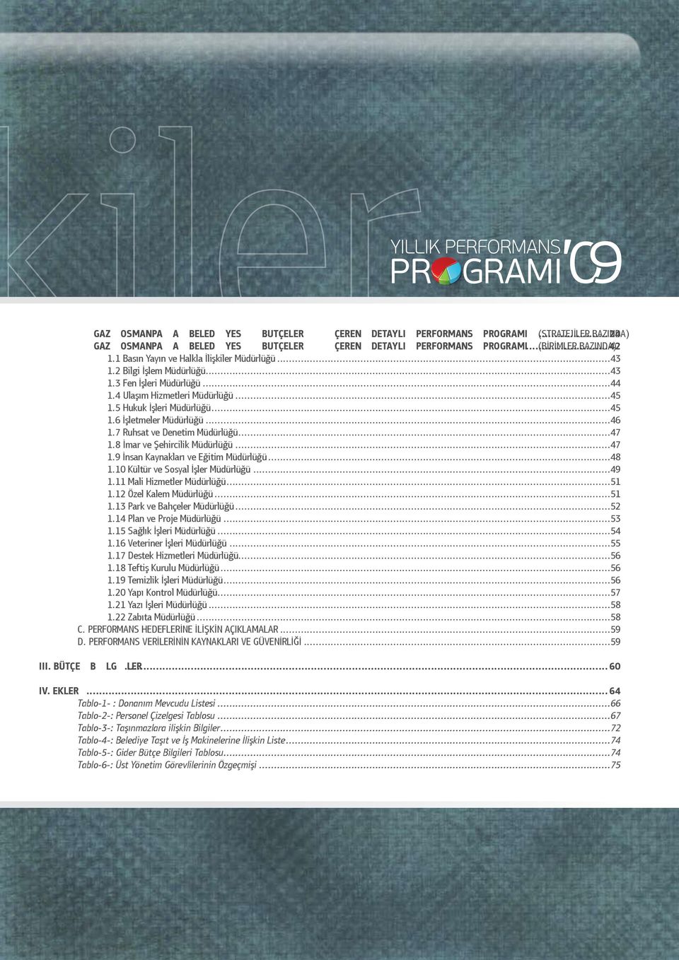 ..47 1.9 İnsan Kaynakları ve Eğitim...48 1.10 Kültür ve Sosyal İşler...49 1.11 Mali Hizmetler...51 1.12 Özel Kalem...51 1.13 Park ve Bahçeler...52 1.14 Plan ve Proje...53 1.15 Sağlık İşleri...54 1.