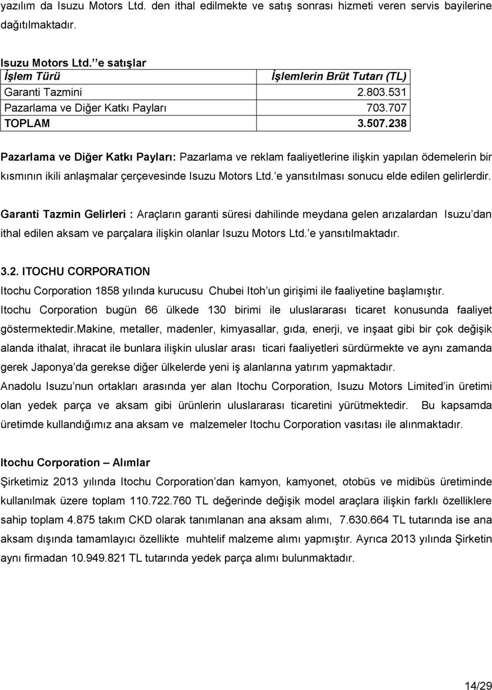 238 Pazarlama ve Diğer Katkı Payları: Pazarlama ve reklam faaliyetlerine ilişkin yapılan ödemelerin bir kısmının ikili anlaşmalar çerçevesinde Isuzu Motors Ltd.