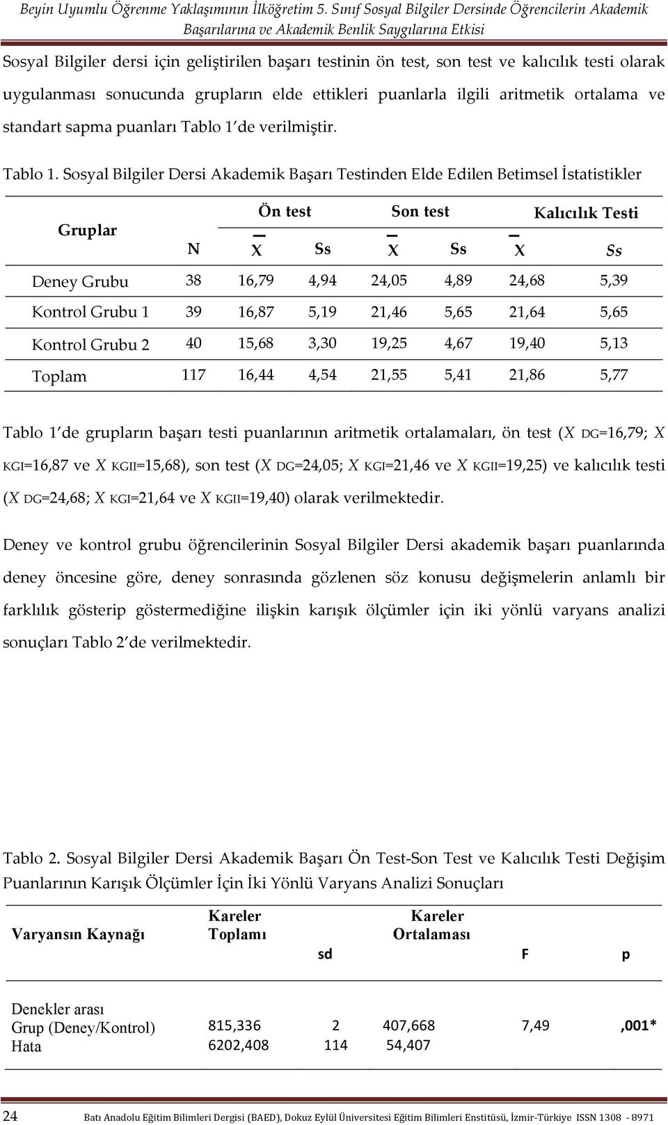 de verilmiştir. Tablo 1.