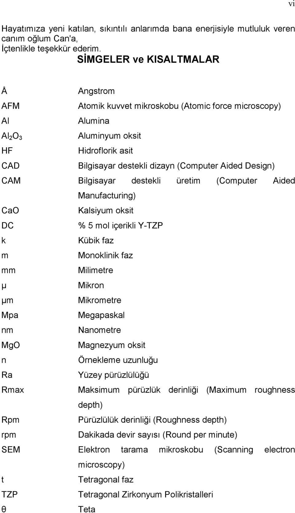 Design) CAM Bilgisayar destekli üretim (Computer Aided Manufacturing) CaO Kalsiyum oksit DC % 5 mol içerikli Y-TZP k Kübik faz m Monoklinik faz mm Milimetre µ Mikron µm Mikrometre Mpa Megapaskal nm