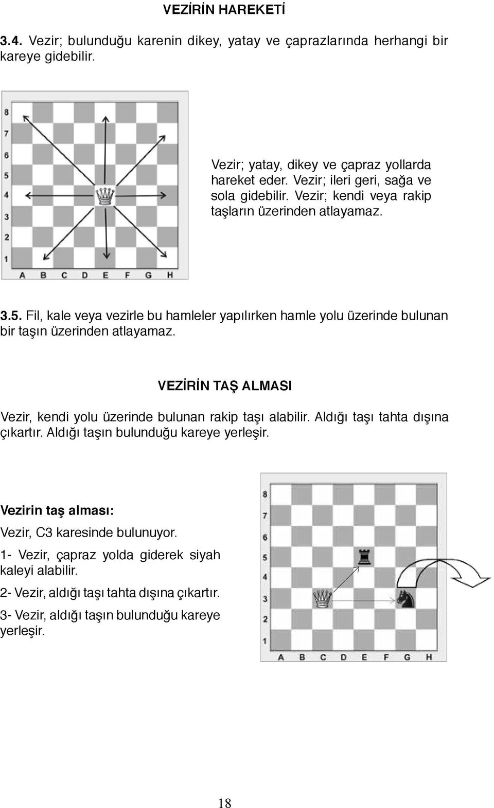 Fil, kale veya vezirle bu hamleler yapılırken hamle yolu üzerinde bulunan bir taşın üzerinden atlayamaz. VEZİRİN TAŞ ALMASI Vezir, kendi yolu üzerinde bulunan rakip taşı alabilir.