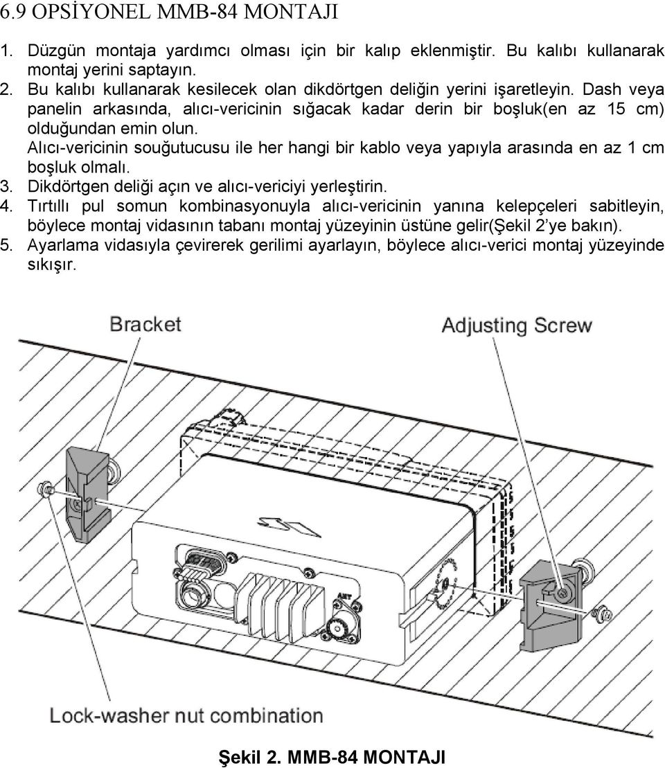 Alıcı-vericinin souğutucusu ile her hangi bir kablo veya yapıyla arasında en az 1 cm boşluk olmalı. 3. Dikdörtgen deliği açın ve alıcı-vericiyi yerleştirin. 4.