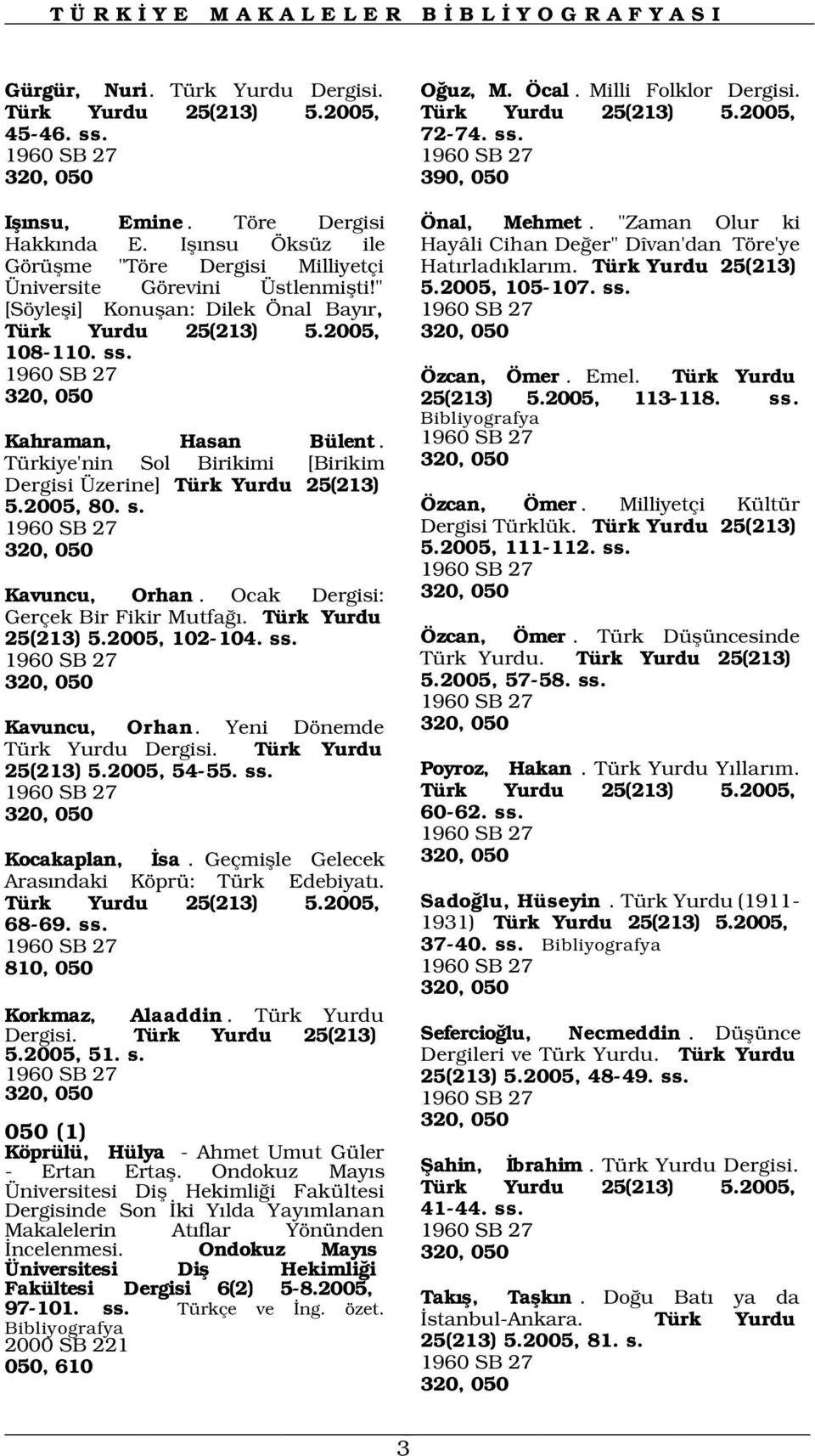 Milli Folklor Dergisi. Türk Yurdu 25(213) 5.2005, 72-74. ss. Önal, Mehmet. "Zaman Olur ki Hayâli Cihan De er" Dîvan'dan Töre'ye Hat rlad klar m. Türk Yurdu 25(213) 5.2005, 105-107. ss. 1960 SB 27 320, 050 1960 SB 27 Özcan, Ömer.