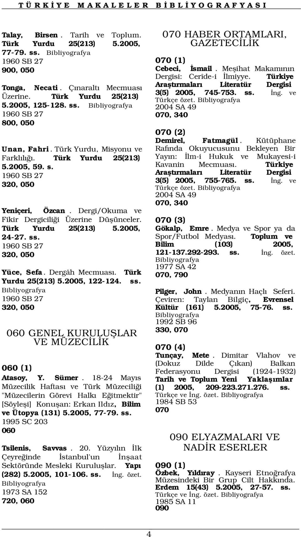 Türk Yurdu, Misyonu ve Farkl l. Türk Yurdu 25(213) 5.2005, 59. s. 1960 SB 27 320, 050 Yeniçeri, Özcan. Dergi/Okuma ve Fikir Dergicili i Üzerine Düflünceler. Türk Yurdu 25(213) 5.2005, 24-27. ss.