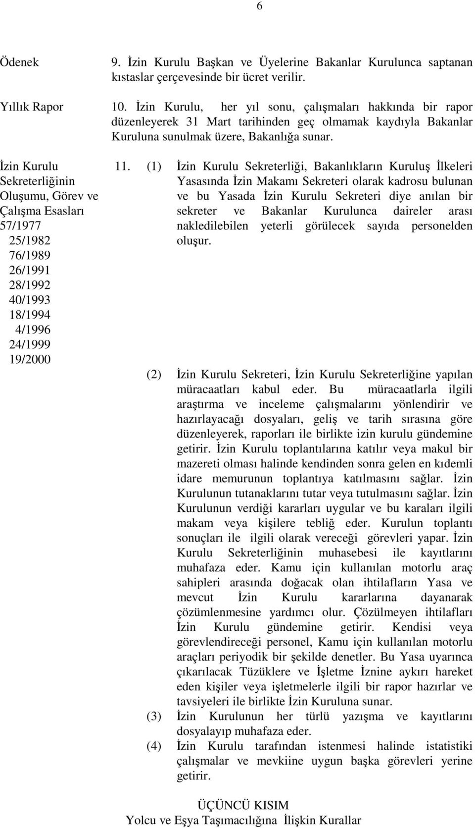 İzin Kurulu Sekreterliğinin Oluşumu, Görev ve Çalışma Esasları 57/1977 25/1982 76/1989 26/1991 28/1992 40/1993 18/1994 4/1996 24/1999 19/2000 11.