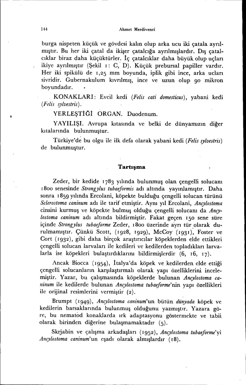 Gubernakulum kıvrılmış, ince ve uzun olup 9 mikron boyundadır. KONAKLARI: Evcil kedi (Fe/is cati domesticus), yabani kedi (Felis s)'lvestris). YERLEŞTİCİ ORGAN. Duodenum. YAYıLIŞI.