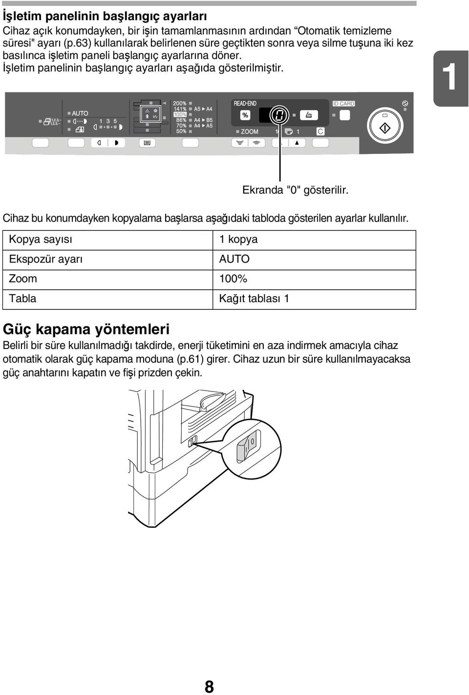 Cihaz bu konumdayken kopyalama başlarsa aşağıdaki tabloda gösterilen ayarlar kullanılır. Kopya sayısı kopya Ekspozür ayarı AUTO Zoom 00% Tabla Kağıt tablası Ekranda "0" gösterilir.