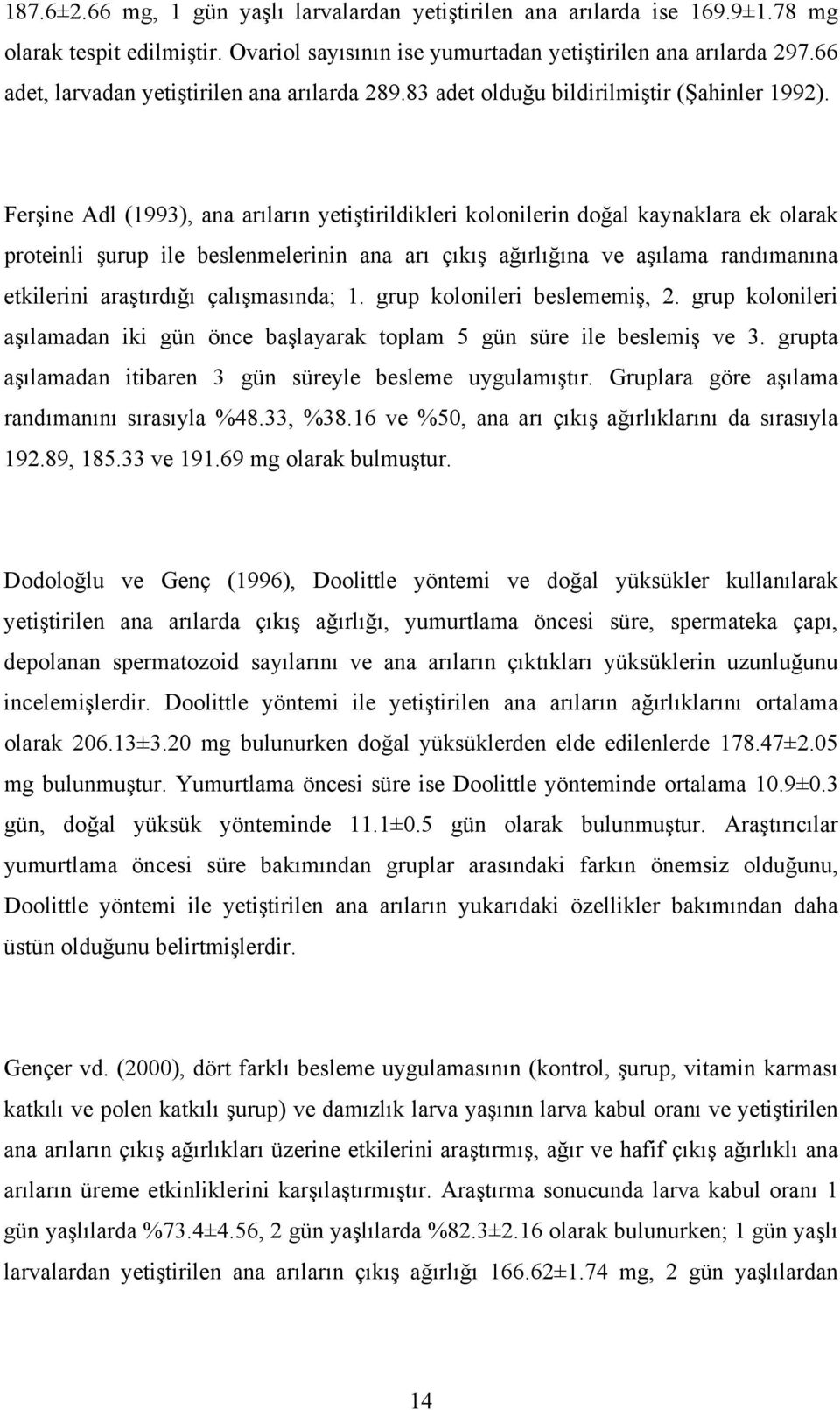 Ferşine Adl (1993), ana arıların yetiştirildikleri kolonilerin doğal kaynaklara ek olarak proteinli şurup ile beslenmelerinin ana arı çıkış ağırlığına ve aşılama randımanına etkilerini araştırdığı