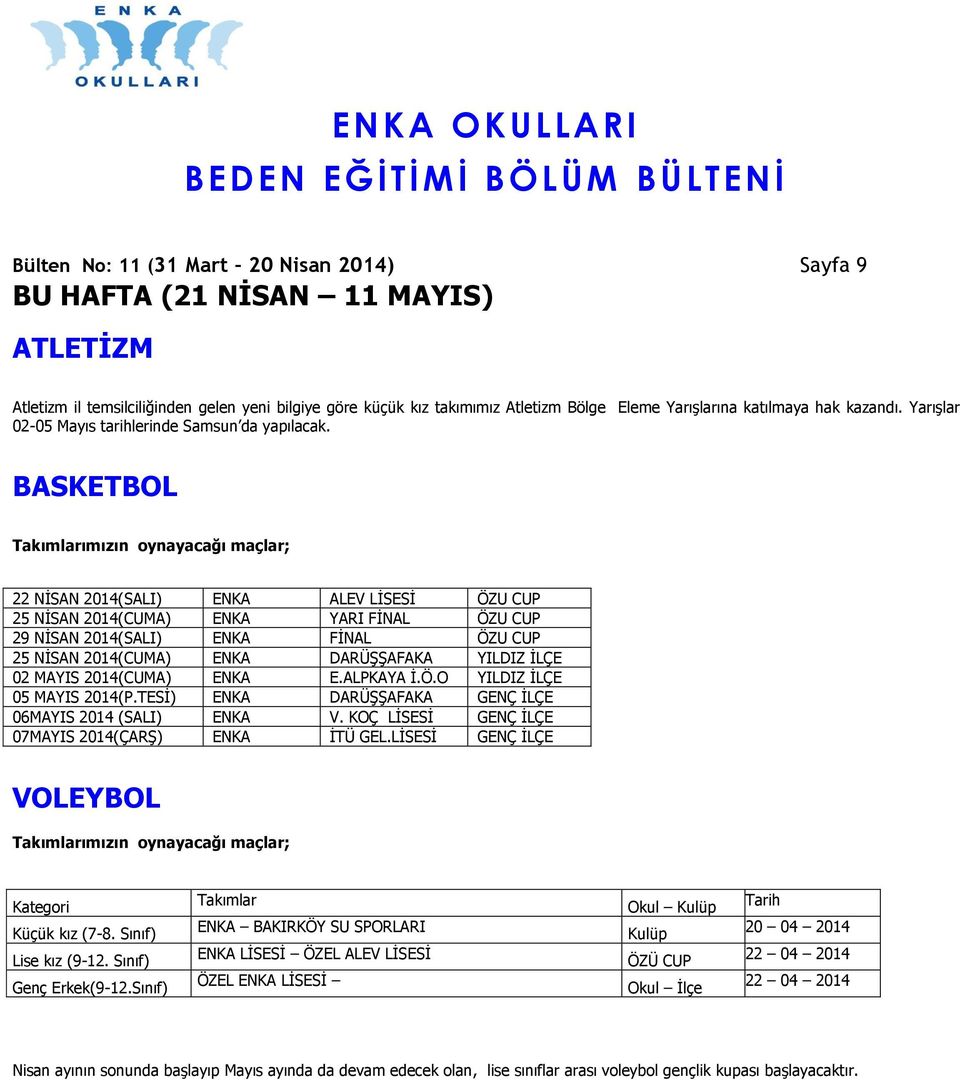 BASKETBOL Takımlarımızın oynayacağı maçlar; 22 NİSAN 2014(SALI) ALEV LİSESİ ÖZU CUP 25 NİSAN 2014(CUMA) YARI FİNAL ÖZU CUP 29 NİSAN 2014(SALI) FİNAL ÖZU CUP 25 NİSAN 2014(CUMA) DARÜŞŞAFAKA YILDIZ