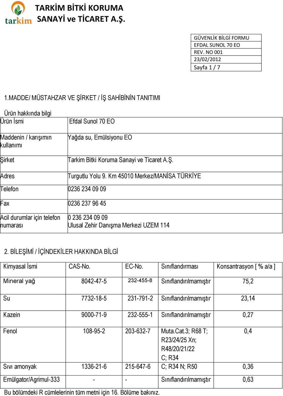 Ticaret A.Ş. Turgutlu Yolu 9. Km 45010 Merkez/MANİSA TÜRKİYE Telefon 0236 234 09 09 Fax 0236 237 96 45 Acil durumlar için telefon numarası 0 236 234 09 09 Ulusal Zehir Danışma Merkezi UZEM 114 2.