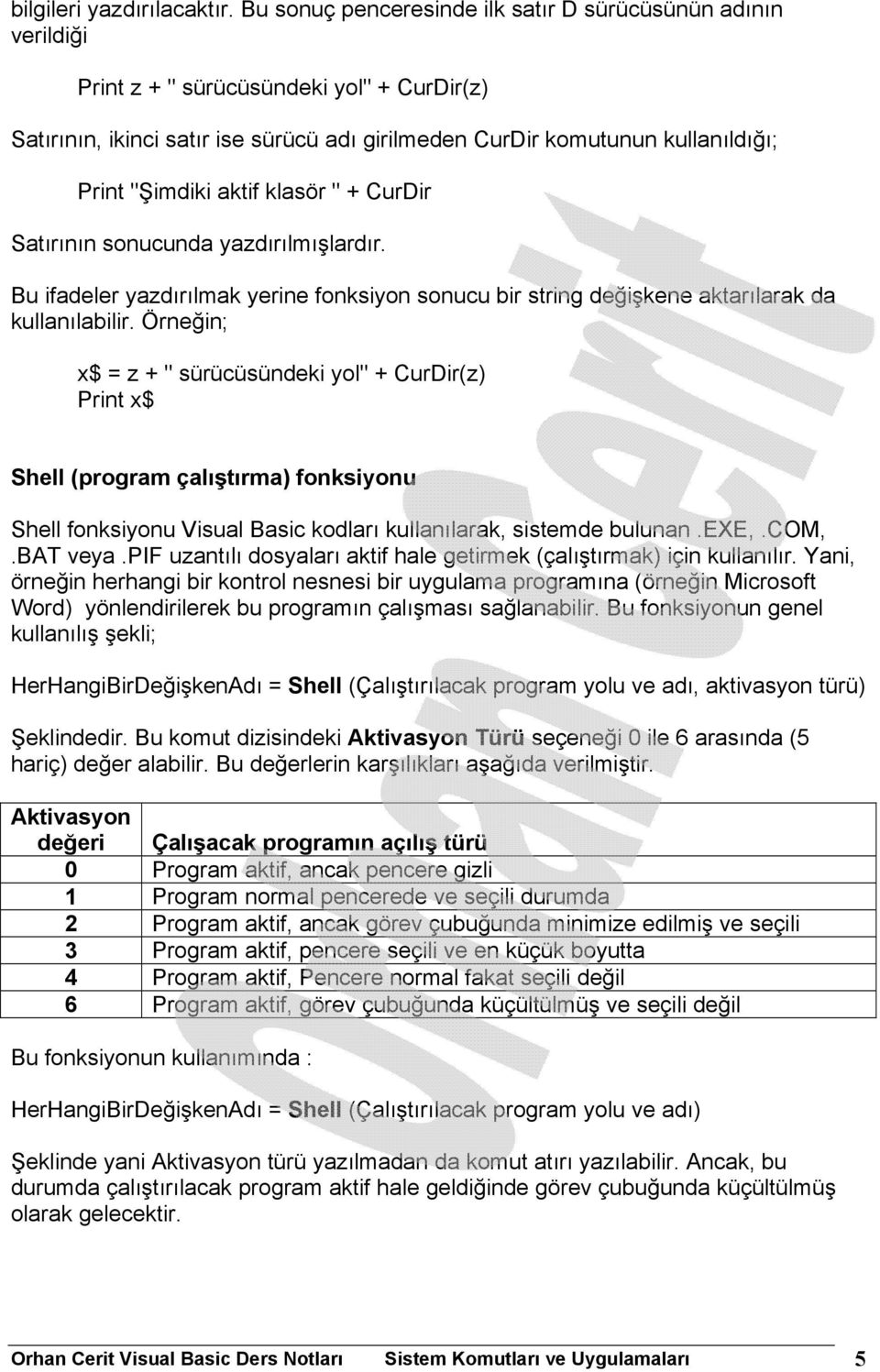 "Şimdiki aktif klasör " + CurDir Satırının sonucunda yazdırılmışlardır. Bu ifadeler yazdırılmak yerine fonksiyon sonucu bir string değişkene aktarılarak da kullanılabilir.