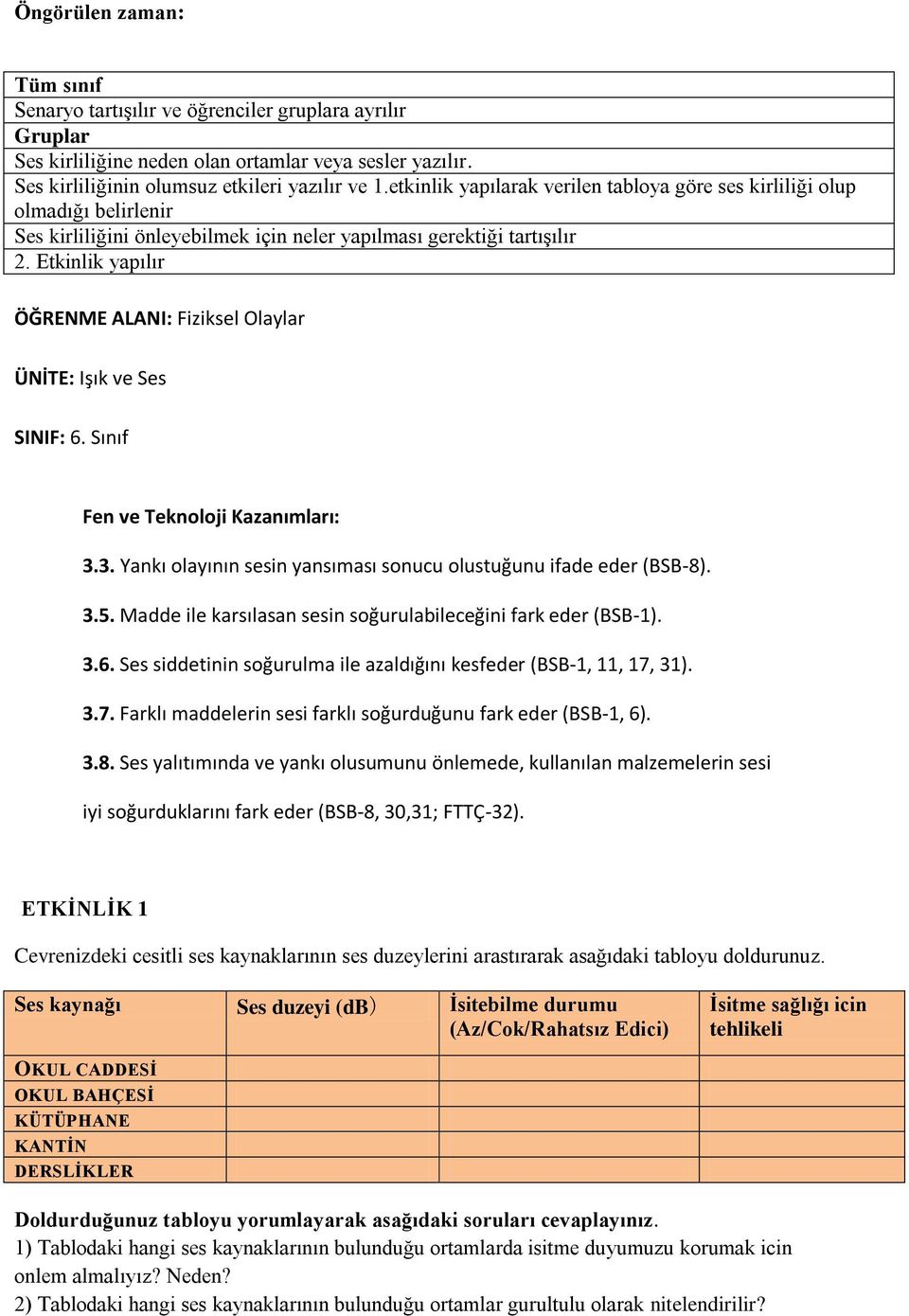 Etkinlik yapılır ÖĞRENME ALANI: Fiziksel Olaylar ÜNİTE: Işık ve Ses SINIF: 6. Sınıf Fen ve Teknoloji Kazanımları: 3.3. Yankı olayının sesin yansıması sonucu olustuğunu ifade eder (BSB-8). 3.5.