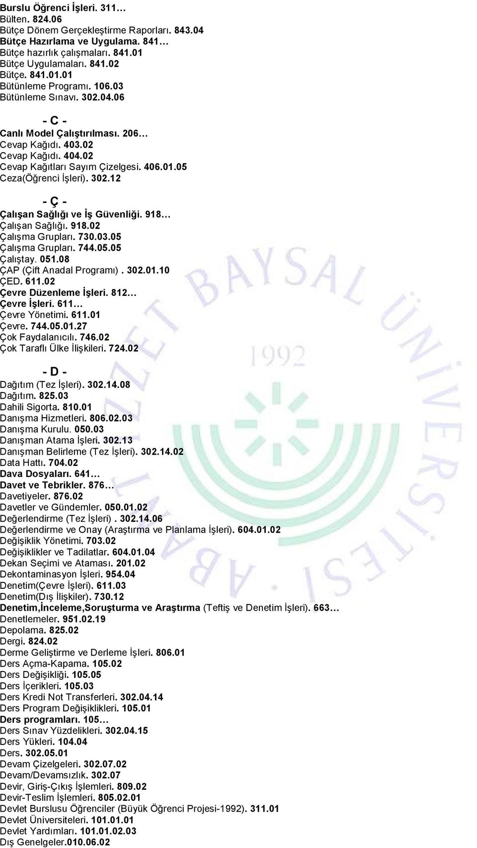 918 Çalışan Sağlığı. 918.02 Çalışma Grupları. 730.03.05 Çalışma Grupları. 744.05.05 Çalıştay. 051.08 ÇAP (Çift Anadal Programı). 302.01.10 ÇED. 611.02 Çevre Düzenleme İşleri. 812 Çevre İşleri.