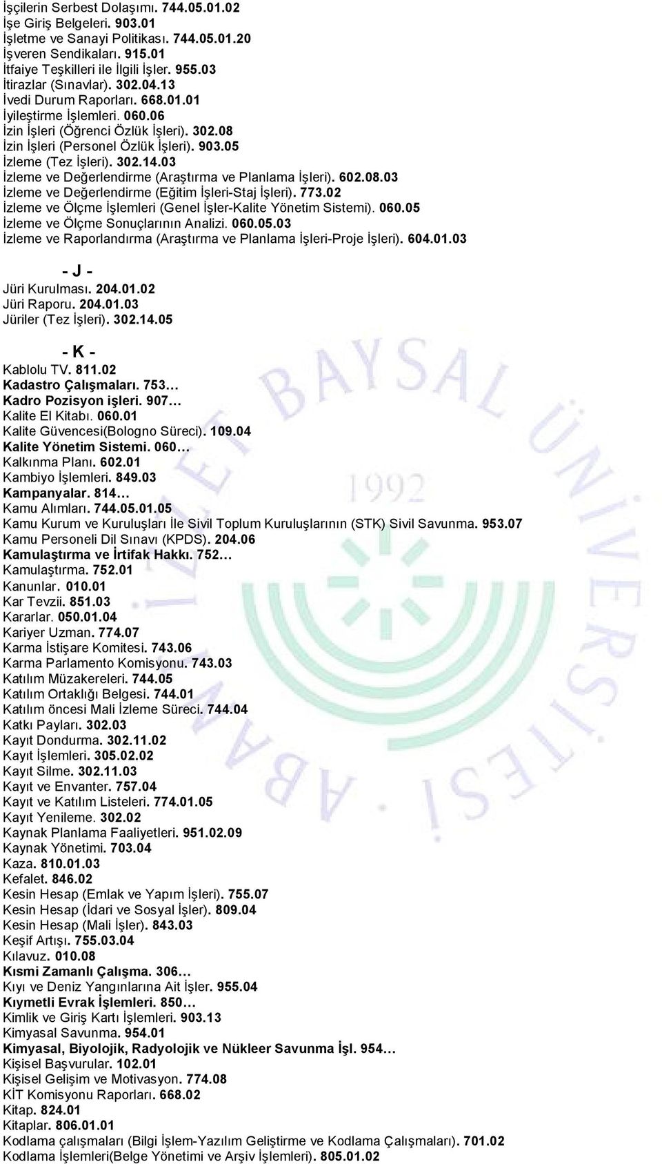 05 İzleme (Tez İşleri). 302.14.03 İzleme ve Değerlendirme (Araştırma ve Planlama İşleri). 602.08.03 İzleme ve Değerlendirme (Eğitim İşleri-Staj İşleri). 773.