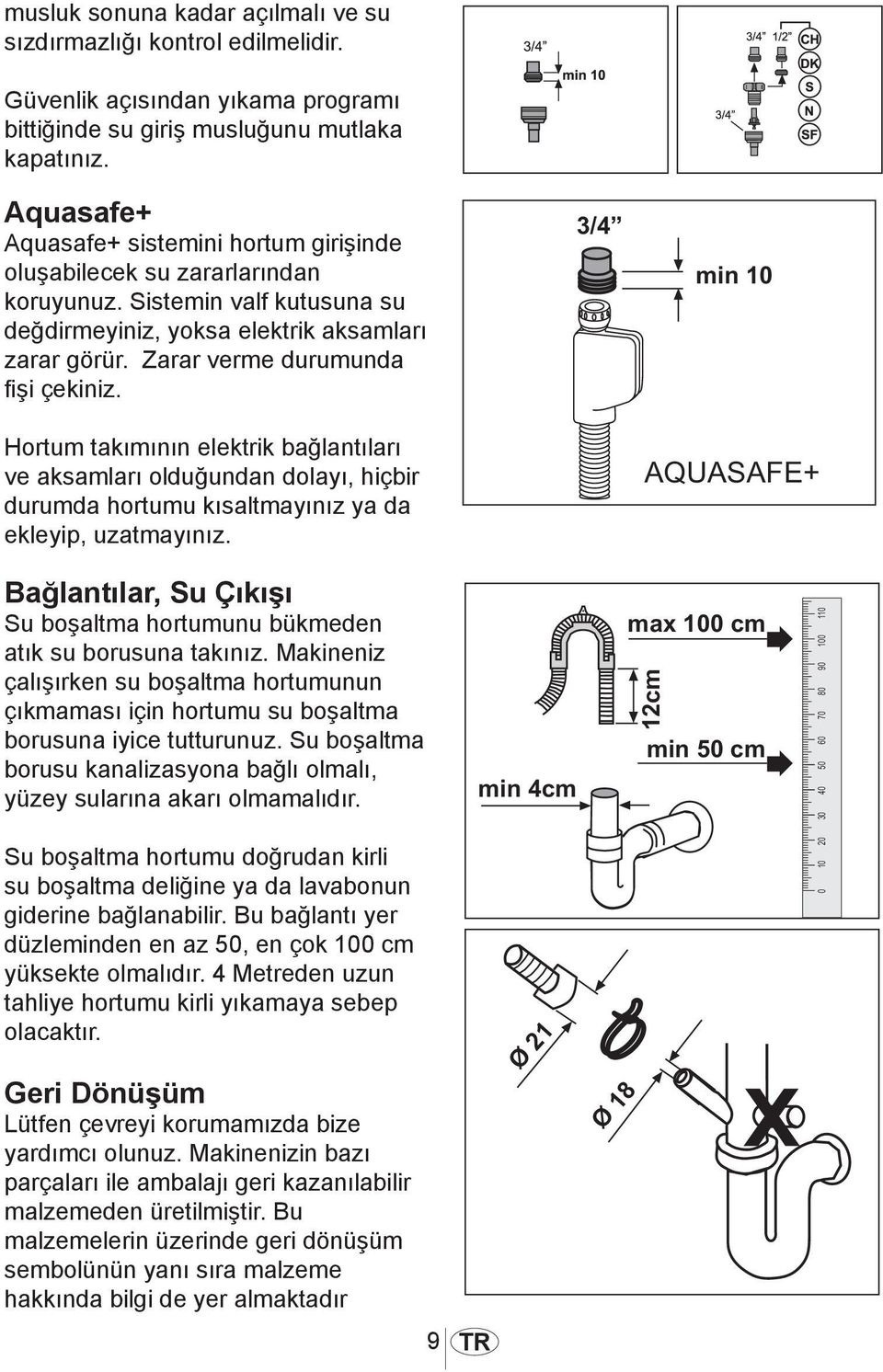 Zarar verme durumunda fişi çekiniz. Hortum takımının elektrik bağlantıları ve aksamları olduğundan dolayı, hiçbir durumda hortumu kısaltmayınız ya da ekleyip, uzatmayınız.