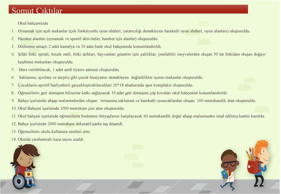 Şifalı bitki spirali, böcek oteli, bitki tarhları, hayvanları gözetim için çalılıklar, yenilebilir meyvelerden oluşan 50 tür bitkiden oluşan doğayı keşfetme mekanları oluşturuldu. 5. Ders verilebilecek, 1 adet amfi tiyatro sahnesi oluşturuldu.