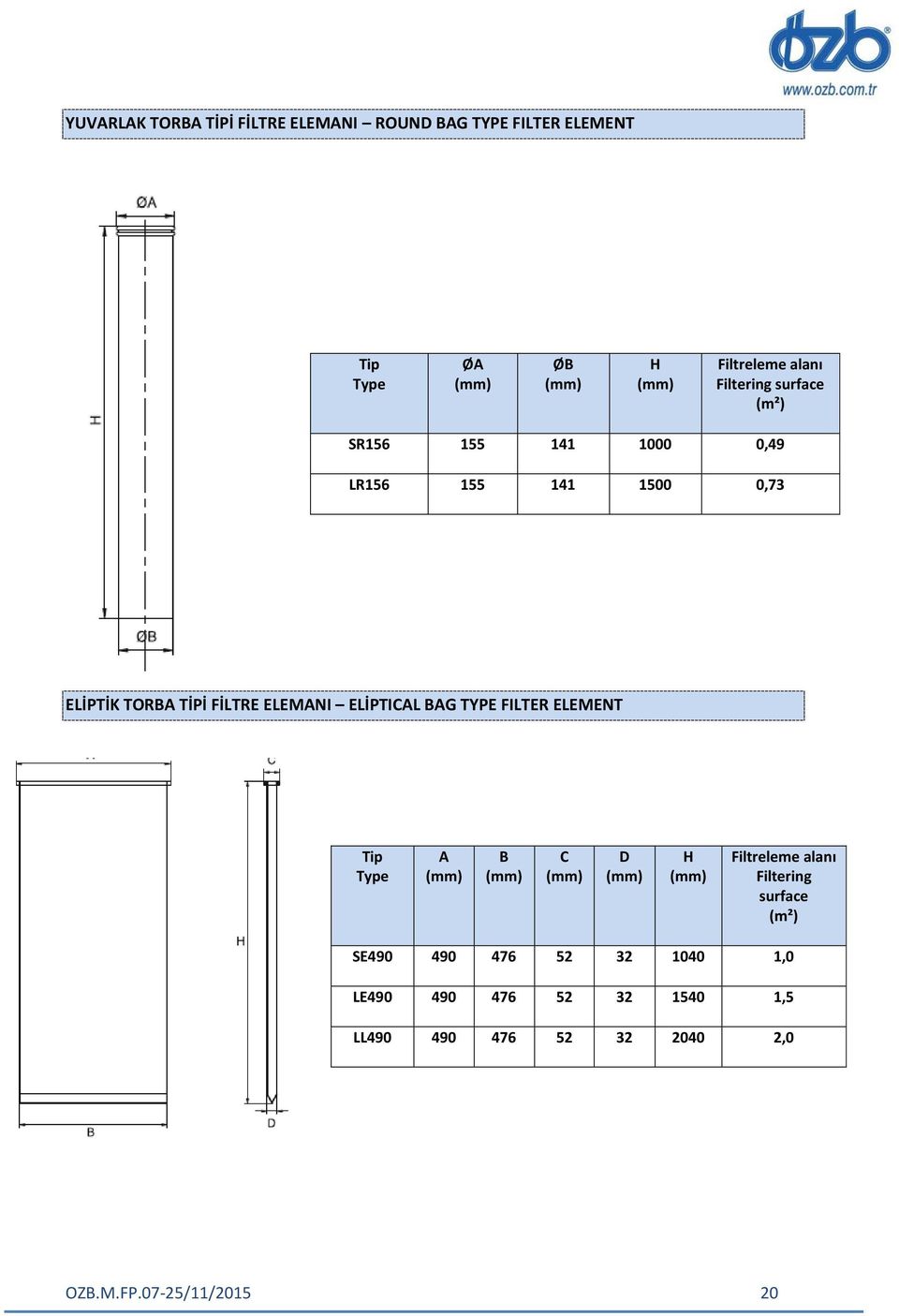 ELİPTICAL BAG TYPE FILTER ELEMENT Tip Type A (mm) B (mm) C (mm) D (mm) H (mm) Filtreleme alanı Filtering surface