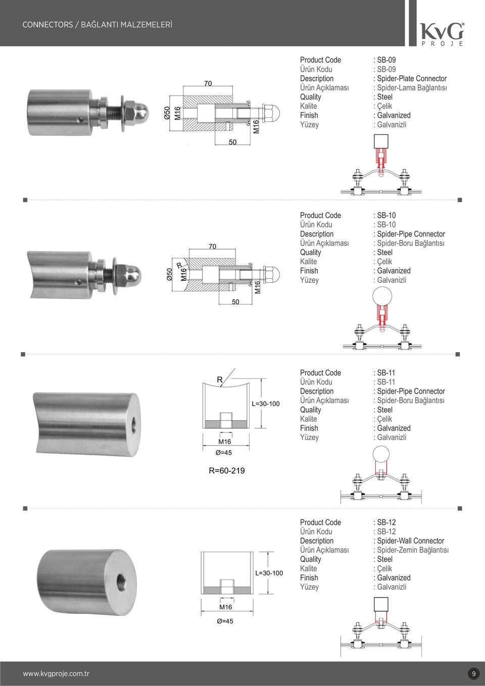 : Galvanizli 50 R M16 L=30-100 Product Code Ürün Açıklaması Quality Kalite : SB-11 : SB-11 : Spider-Pipe Connector : Spider-Boru Bağlantısı : Steel : Çelik : Galvanized : Galvanizli