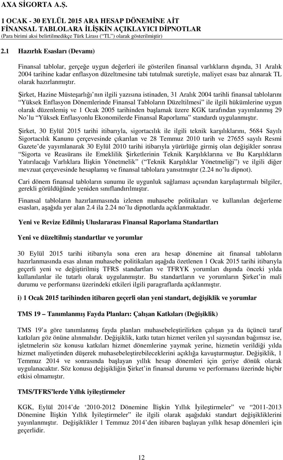 Şirket, Hazine Müsteşarlığı nın ilgili yazısına istinaden, 31 Aralık 2004 tarihli finansal tablolarını Yüksek Enflasyon Dönemlerinde Finansal Tabloların Düzeltilmesi ile ilgili hükümlerine uygun