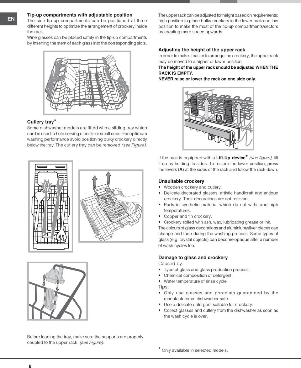 The upper rack can be adjusted for height based on requirements: high position to place bulky crockery in the lower rack and low position to make the most of the tip-up compartments/sectors by