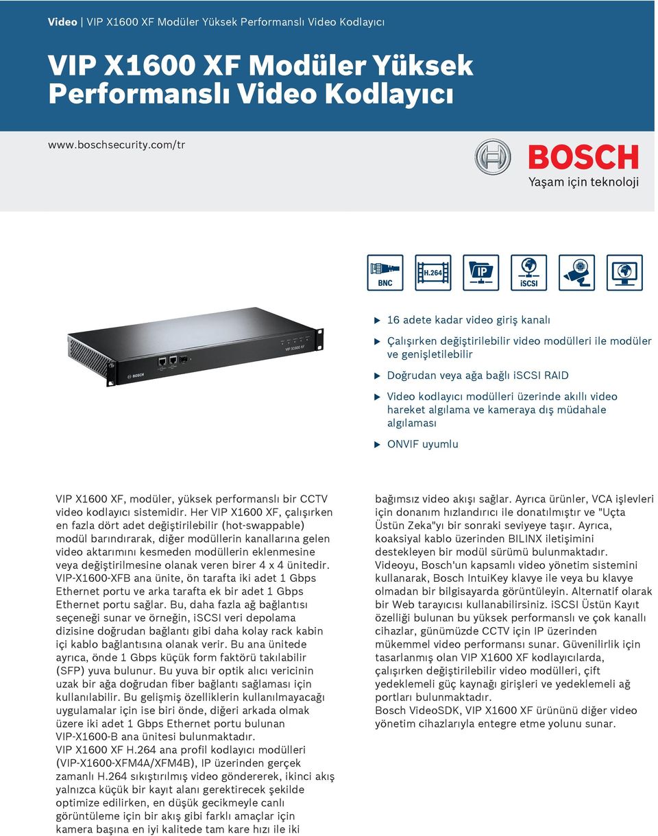 hareket algılama ve kameraya dış müdahale algılaması ONVIF yml VIP X1600 XF, modüler, yüksek performanslı bir CCTV video kodlayıcı sistemidir.