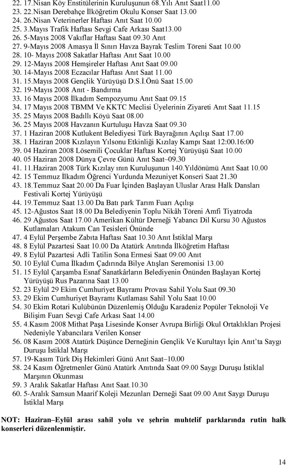 10- Mayıs 2008 Sakatlar Haftası Anıt Saat 10.00 29. 12-Mayıs 2008 HemĢireler Haftası Anıt Saat 09.00 30. 14-Mayıs 2008 Eczacılar Haftası Anıt Saat 11.00 31. 15.Mayıs 2008 Gençlik YürüyüĢü D.S.Ġ.