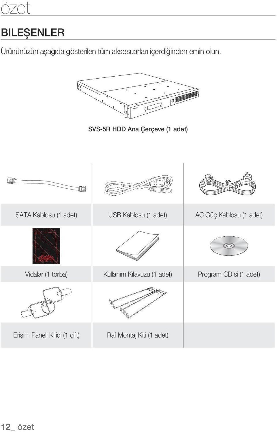 SVS-5R HDD Ana Çerçeve (1 adet) SATA Kablosu (1 adet) USB Kablosu (1 adet) AC