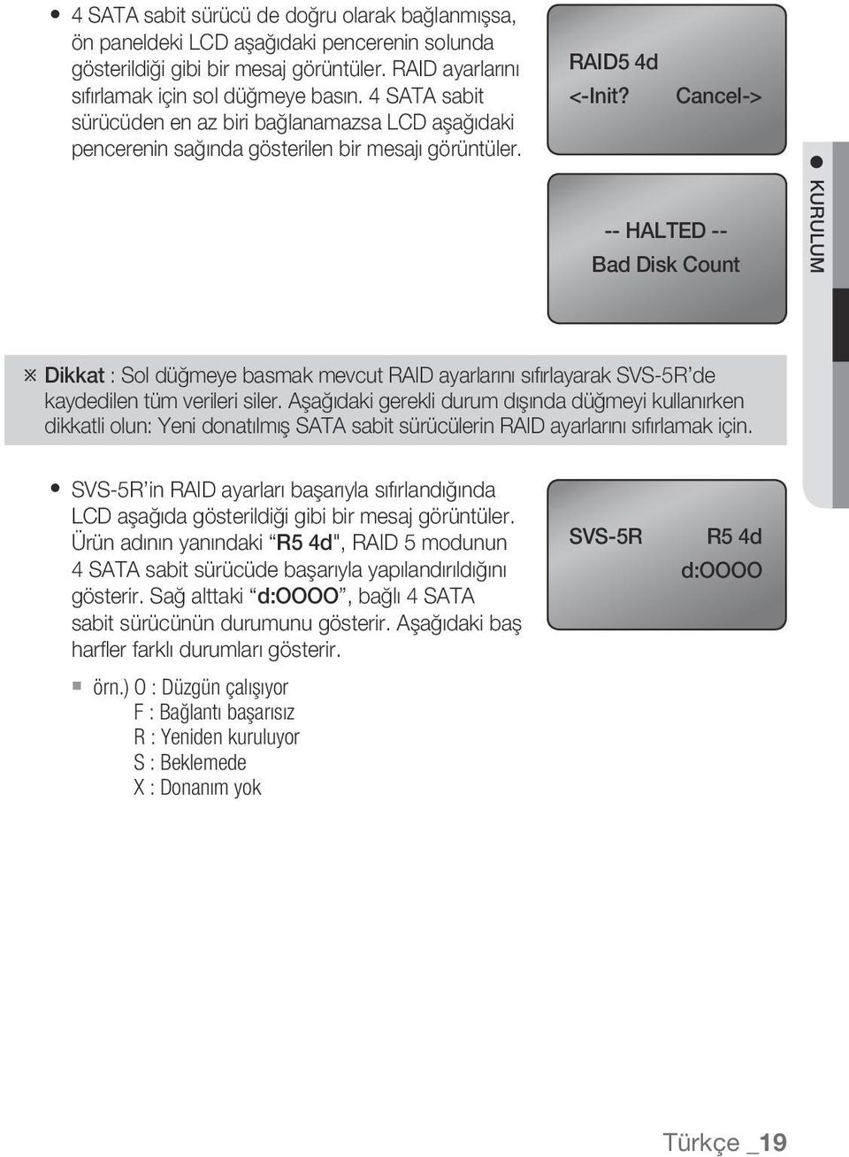 Cancel-> -- HALTED -- Bad Disk Count kurulum Dikkat : Sol düğmeye basmak mevcut RAID ayarlarını sıfırlayarak SVS-5R de kaydedilen tüm verileri siler.