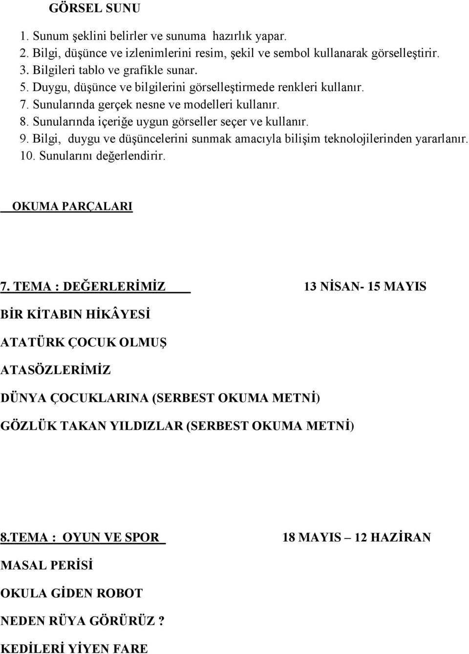 Bilgi, duygu ve düşüncelerini sunmak amacıyla bilişim teknolojilerinden yararlanır. 10. Sunularını değerlendirir. OKUMA PARÇALARI 7.