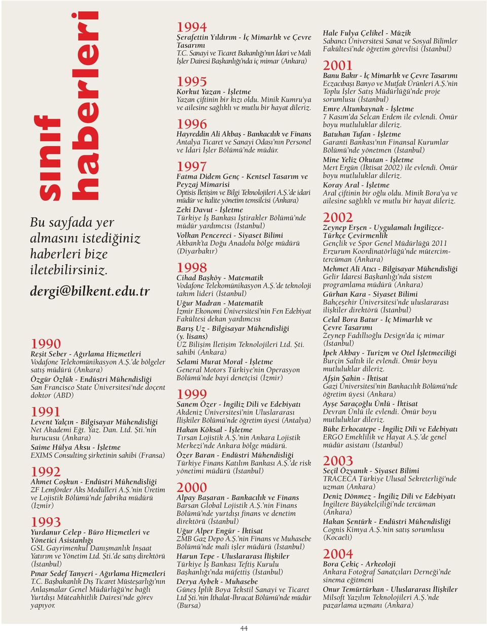 Ltd. fiti. nin kurucusu (Ankara) Saime Hülya Aksu - flletme EXIMS Consulting flirketinin sahibi (Fransa) 1992 Ahmet Coflkun - Endüstri Mühendisli i ZF Lemförder Aks Modülleri A.fi. nin Üretim ve Lojistik Bölümü nde fabrika müdürü ( zmir) 1993 Yurdanur Celep - Büro Hizmetleri ve Yönetici Asistanl GSL Gayrimenkul Dan flmanl k nflaat Yat r m ve Yönetim Ltd.