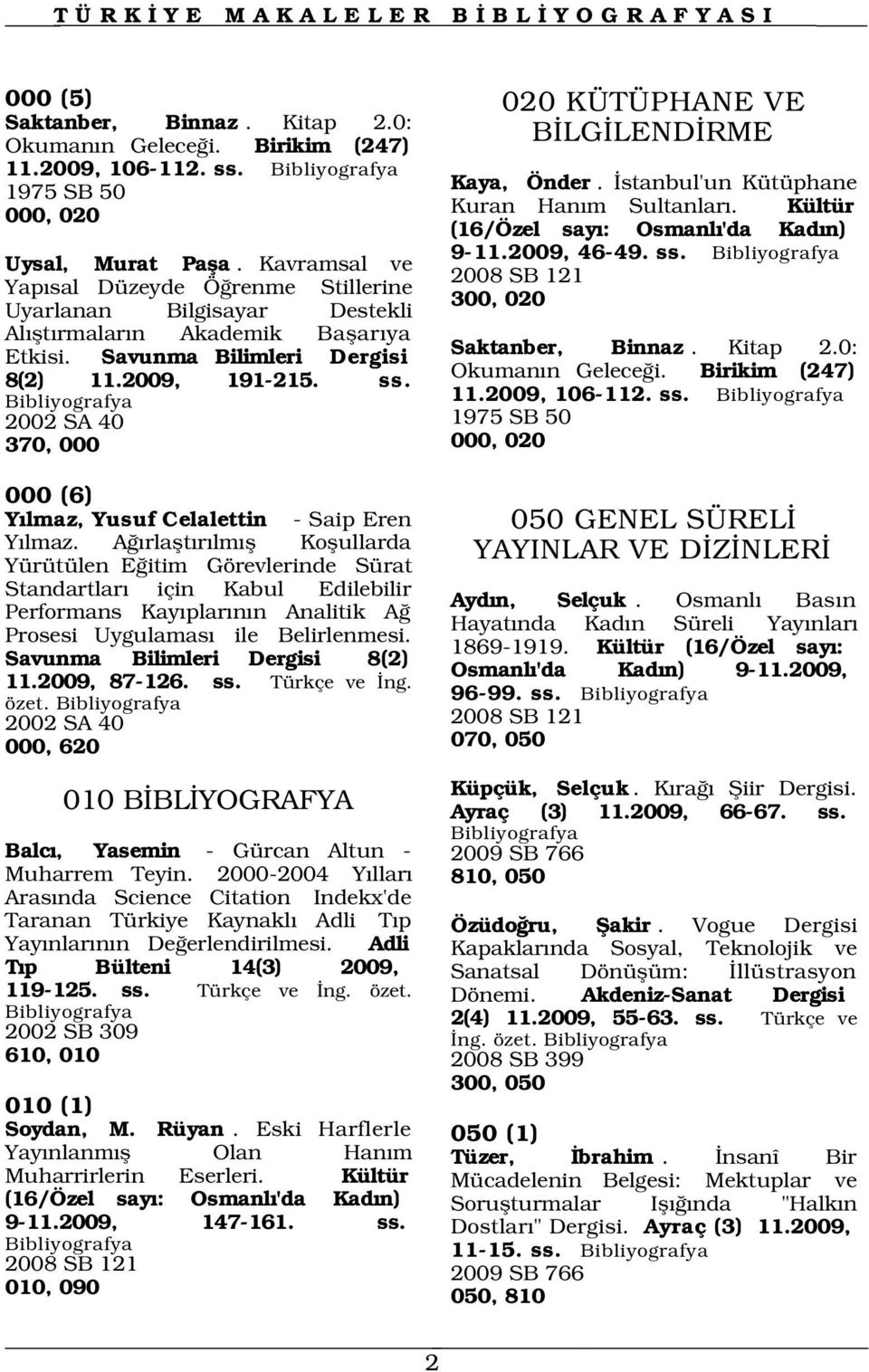 2002 SA 40 370, 000 Kaya, Önder. stanbul'un Kütüphane Kuran Han m Sultanlar. Kültür (16/Özel say : Osmanl 'da Kad n) 9-11.2009, 46-49. ss. 2008 SB 121 300, 020 Saktanber, Binnaz. Kitap 2.