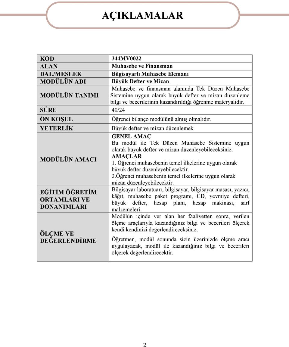 SÜRE 40/24 ÖN KOŞUL YETERLİK MODÜLÜN AMACI EĞİTİM ÖĞRETİM ORTAMLARI VE DONANIMLARI ÖLÇME VE DEĞERLENDİRME AÇIKLAMALAR Öğrenci bilanço modülünü almış olmalıdır.