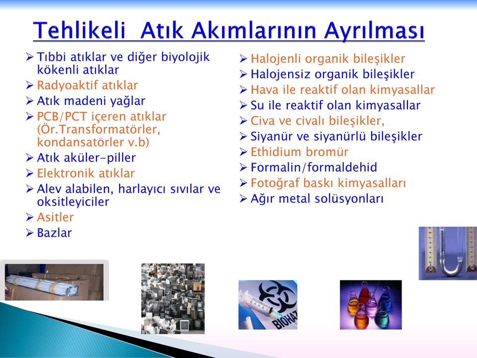 b) Atık aküler-piller Elektronik atıklar Alev alabilen, harlayıcı sıvılar ve oksitleyiciler Asitler Bazlar Halojenli organik