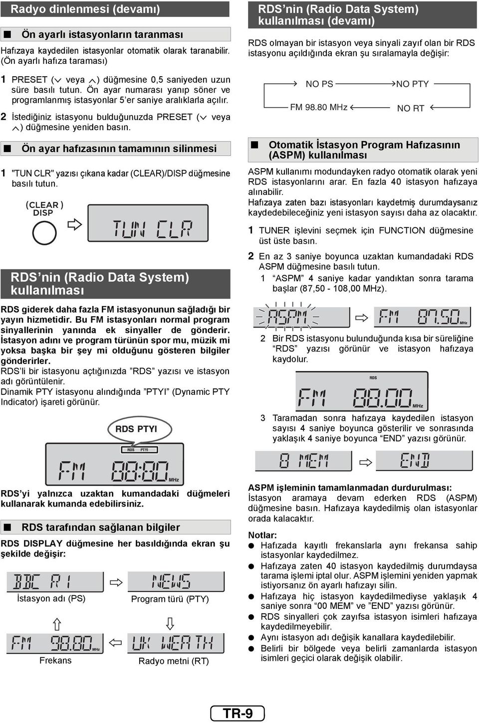 2 İstediğiniz istasyonu bulduğunuzda PRESET ( veya ) düğmesine yeniden Ön ayar hafızasının tamamının silinmesi 1 "TUN CLR" yazısı çıkana kadar (CLEAR)/DISP düğmesine basılı tutun.