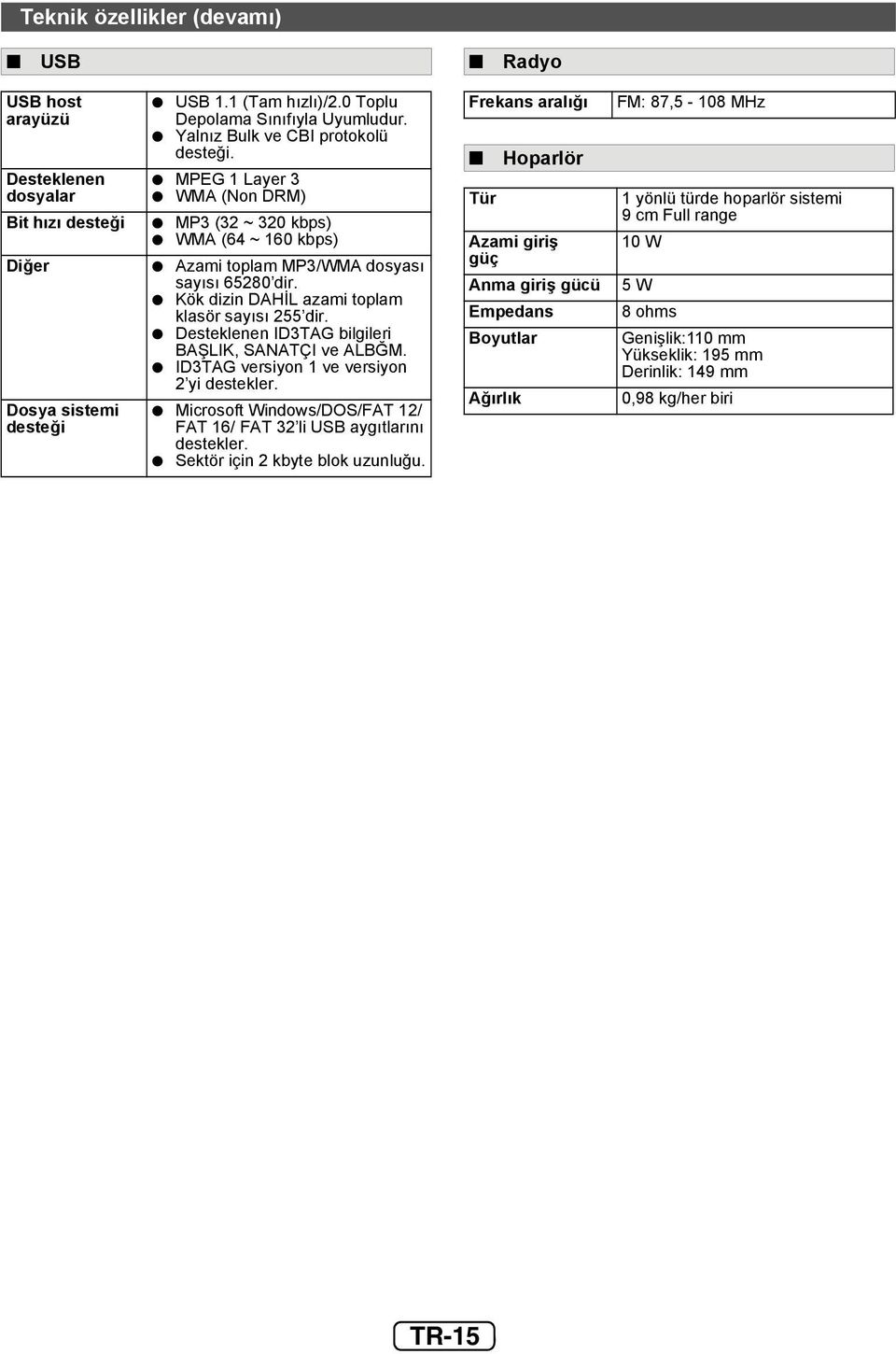 Desteklenen ID3TAG bilgileri BAŞLIK, SANATÇI ve ALBĞM. ID3TAG versiyon 1 ve versiyon 2 yi destekler. Dosya sistemi desteği Microsoft Windows/DOS/FAT 12/ FAT 16/ FAT 32 li USB aygıtlarını destekler.