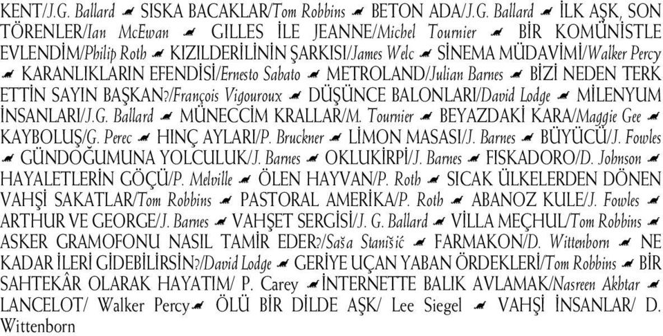 Ballard Ë LK AfiK, SON TÖRENLER/Ian McEwan Ë GILLES LE JEANNE/Michel Tournier Ë B R KOMÜN STLE EVLEND M/Philip Roth Ë KIZILDER L N N fiarkisi/james Welc Ë S NEMA MÜDAV M /Walker Percy Ë KARANLIKLARIN