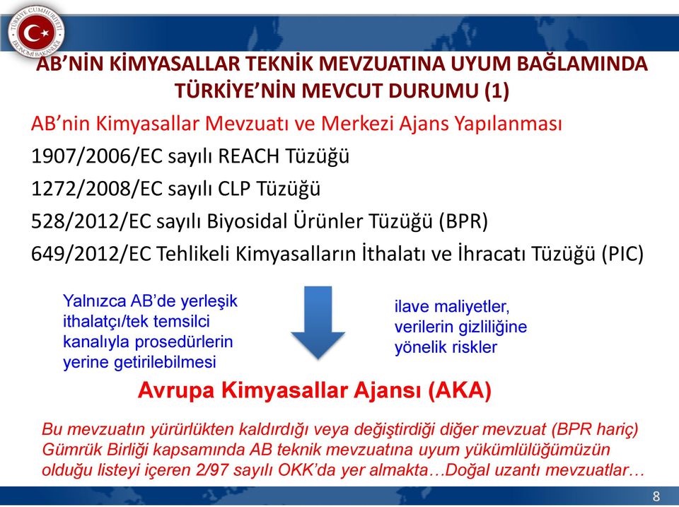 ithalatçı/tek temsilci kanalıyla prosedürlerin yerine getirilebilmesi ilave maliyetler, verilerin gizliliğine yönelik riskler Avrupa Kimyasallar Ajansı (AKA) Bu mevzuatın yürürlükten