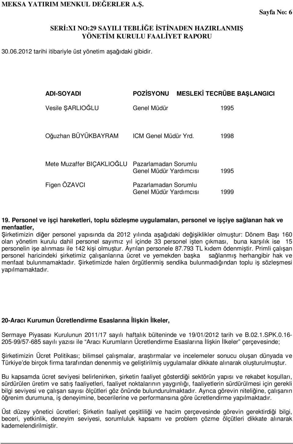 Personel ve işçi hareketleri, toplu sözleşme uygulamaları, personel ve işçiye sağlanan hak ve menfaatler, Şirketimizin diğer personel yapısında da 2012 yılında aşağıdaki değişiklikler olmuştur: Dönem