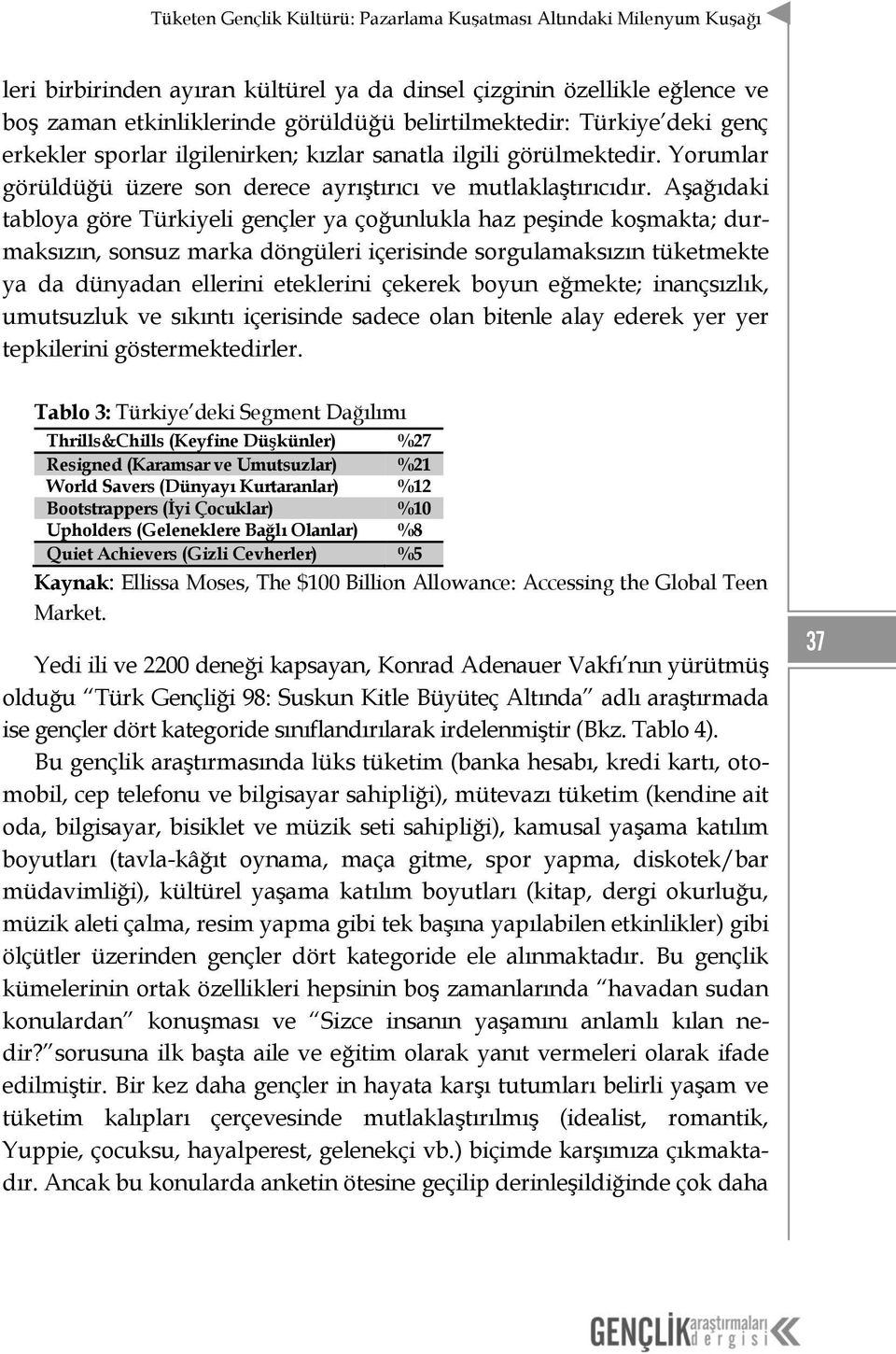 Aşağıdaki tabloya göre Türkiyeli gençler ya çoğunlukla haz peşinde koşmakta; durmaksızın, sonsuz marka döngüleri içerisinde sorgulamaksızın tüketmekte ya da dünyadan ellerini eteklerini çekerek boyun