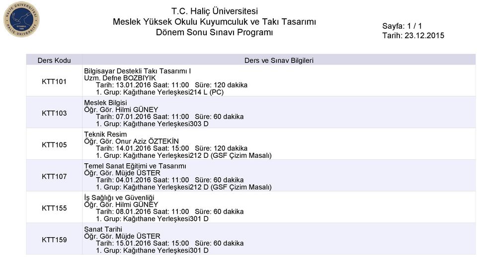 01.2016 Saat: 15:00 Süre: 120 dakika 1. Grup: Kağıthane Yerleşkesi212 D (GSF Çizim Masalı) Temel Sanat Eğitimi ve Tasarımı Öğr. Gör. Müjde ÜSTER Tarih: 04.01.2016 Saat: 11:00 Süre: 60 dakika 1.