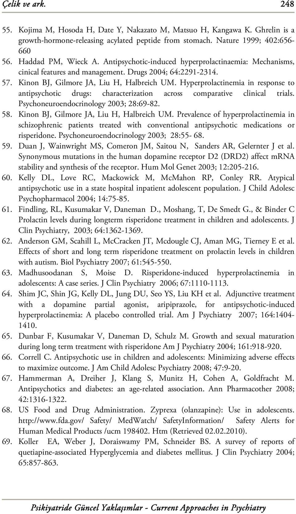 Hyperprolactinemia in response to antipsychotic drugs: characterization across comparative clinical trials. Psychoneuroendocrinology 2003; 28:69-82. 58. Kinon BJ, Gilmore JA, Liu H, Halbreich UM.