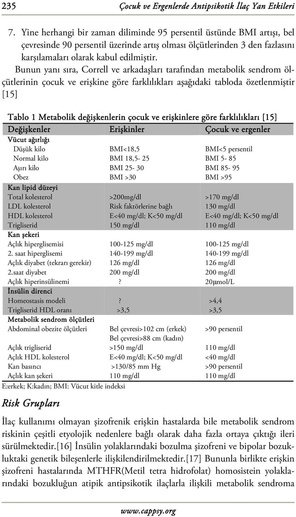 Bunun yanı sıra, Correll ve arkadaşları tarafından metabolik sendrom ölçütlerinin çocuk ve erişkine göre farklılıkları aşağıdaki tabloda özetlenmiştir [15] Tablo 1 Metabolik değişkenlerin çocuk ve