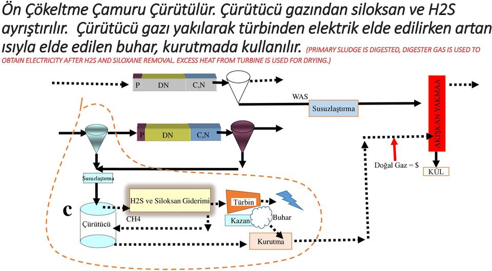 (PRIMARY SLUDGE IS DIGESTED, DIGESTER GAS IS USED TO OBTAIN ELECTRICITY AFTER H2S AND SILOXANE REMOVAL.