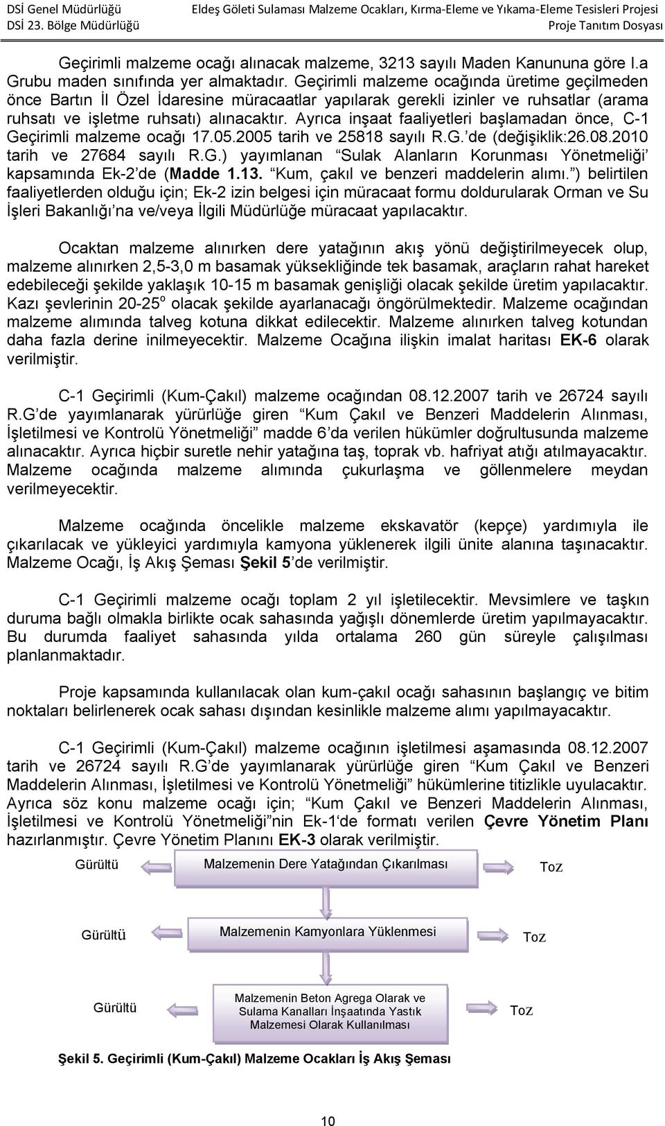 Ayrıca inşaat faaliyetleri başlamadan önce, C-1 Geçirimli malzeme ocağı 17.05.2005 tarih ve 25818 sayılı R.G. de (değişiklik:26.08.2010 tarih ve 27684 sayılı R.G.) yayımlanan Sulak Alanların Korunması Yönetmeliği kapsamında Ek-2 de (Madde 1.