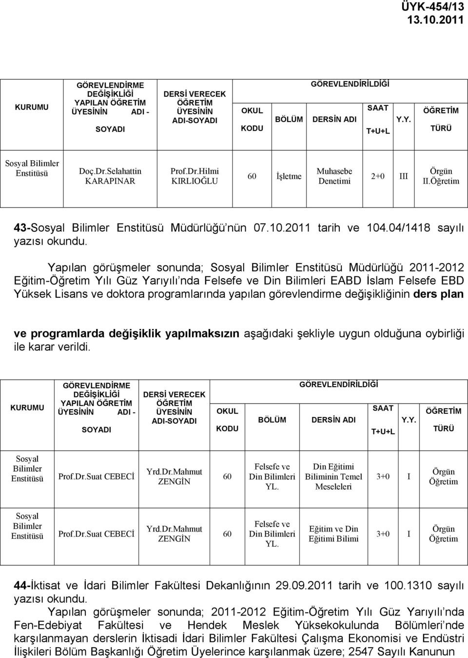 04/1418 sayılı yazısı Yapılan görüşmeler sonunda; Sosyal Bilimler Enstitüsü Müdürlüğü 2011-2012 Eğitim-Öğretim Yılı Güz Yarıyılı nda Felsefe ve Din Bilimleri EABD İslam Felsefe EBD Yüksek Lisans ve