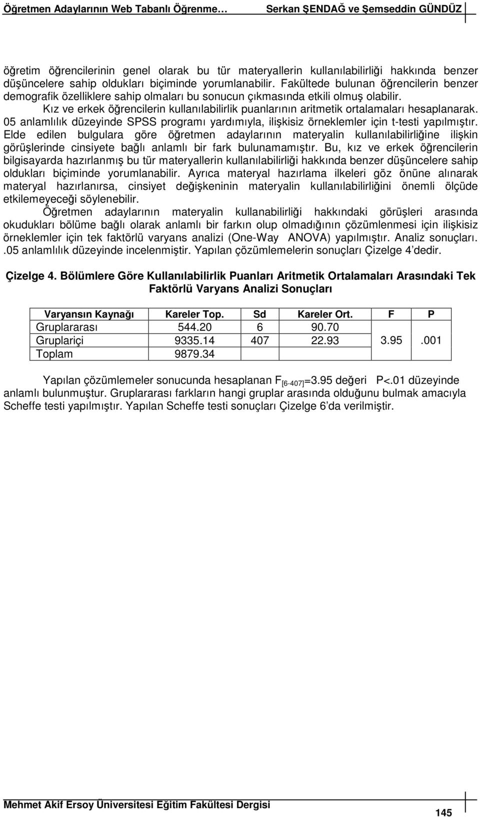 Kız ve erkek örencilerin kullanılabilirlik puanlarının aritmetik ortalamaları hesaplanarak. 05 anlamlılık düzeyinde SPSS programı yardımıyla, ilikisiz örneklemler için t-testi yapılmıtır.